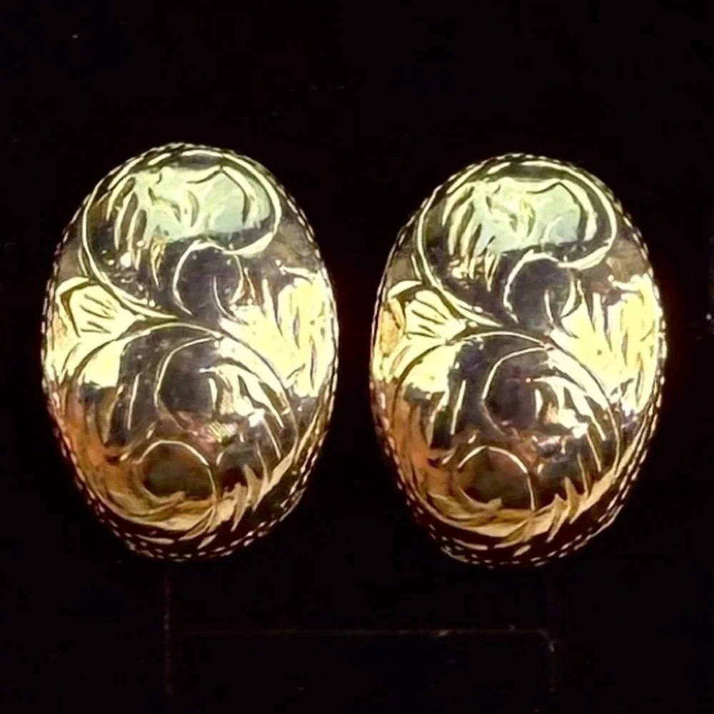 Vintage goldtone, etched puffed pierced earrings